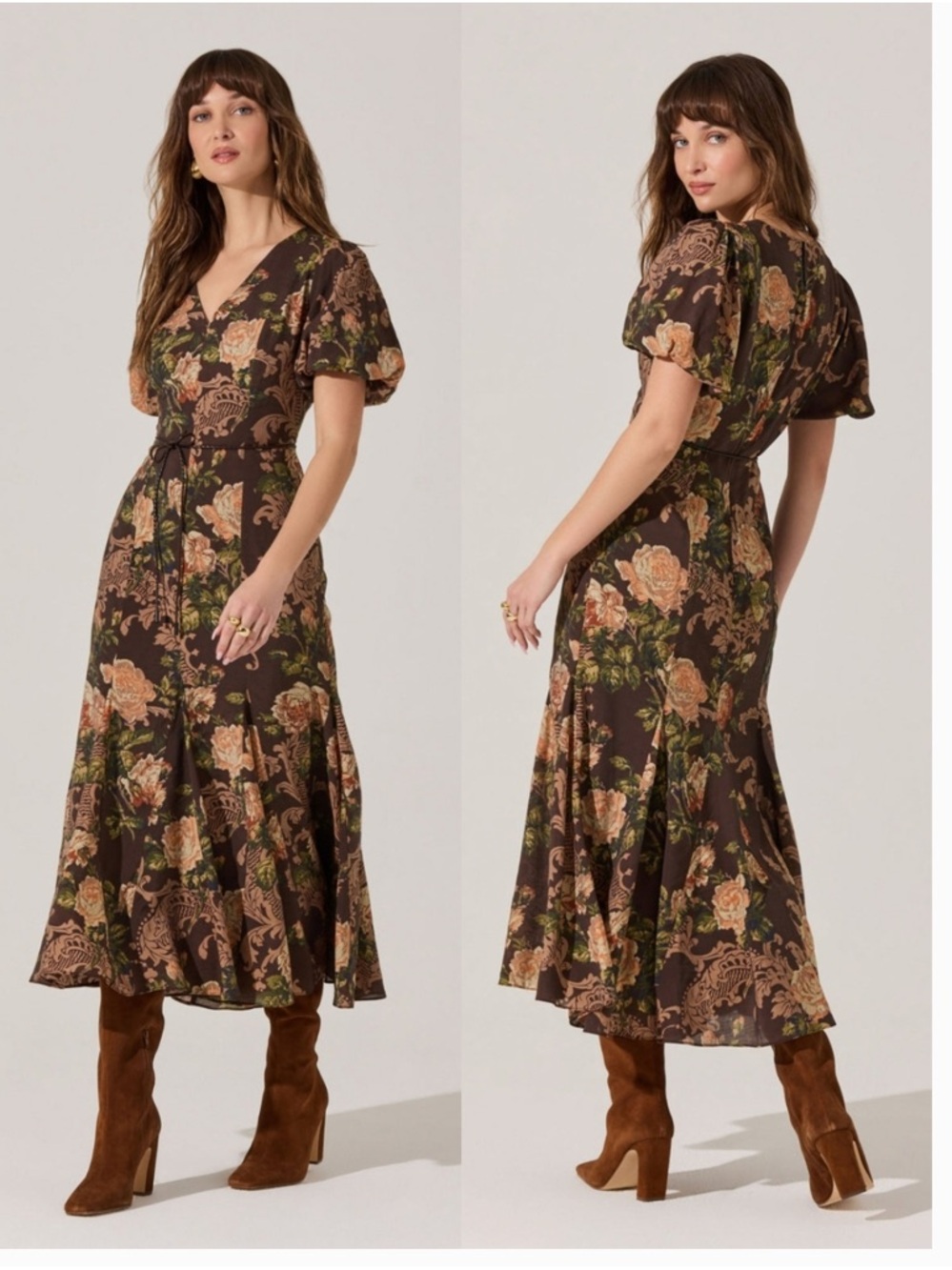 Astr Brown Floral V-Neck Midi Dress with Puff Sleeves